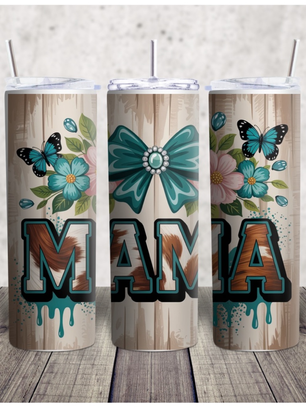 Hand Crafted Teal Brown 'MAMA' Floral Butterfly Tumbler